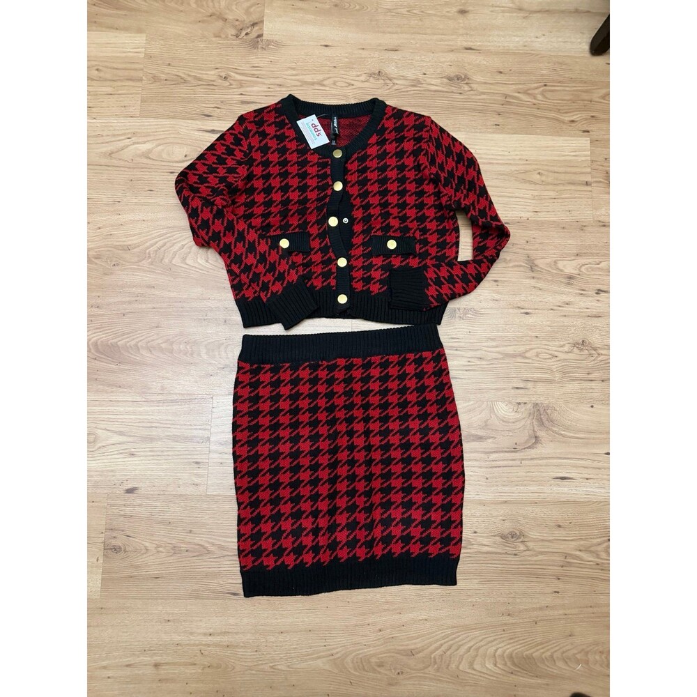 Fashion Nova Red and Black Houndstooth Knit A-Line Skirt Set